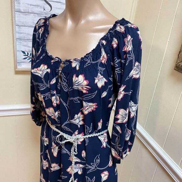 LUCKY BRAND Women's Small floral navy blue dress knee length 3/4 sleeve shift - Picture 3 of 7